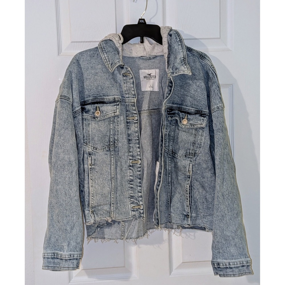 Hollister California Denim‎ Jacket With Hoodie Distressed Blue Size L